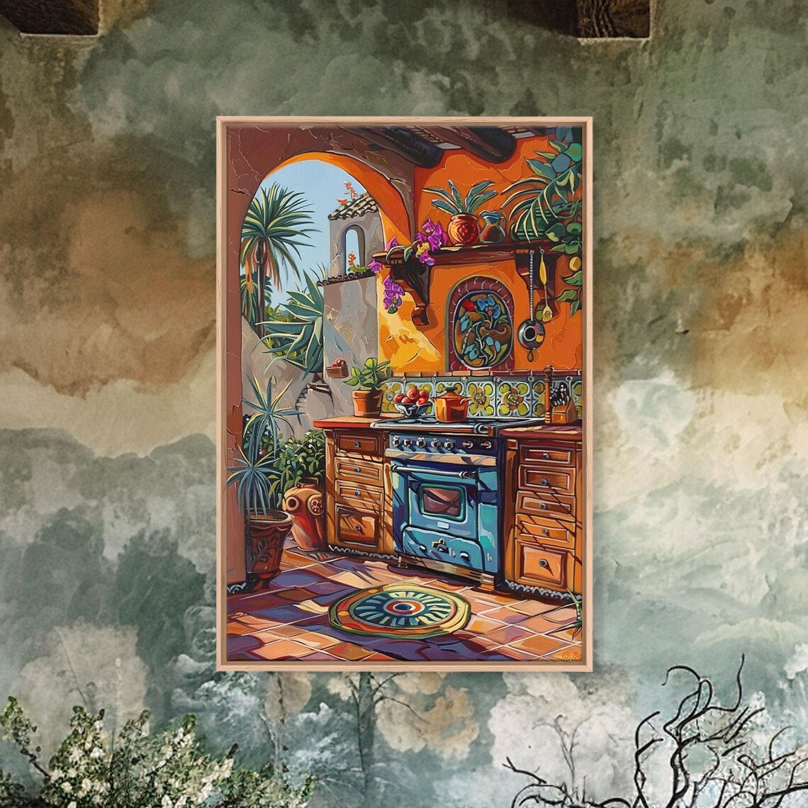 Spanish Outdoor Kitchen Blue Stove Terracotta Tiles Plants Art Print - Image 4