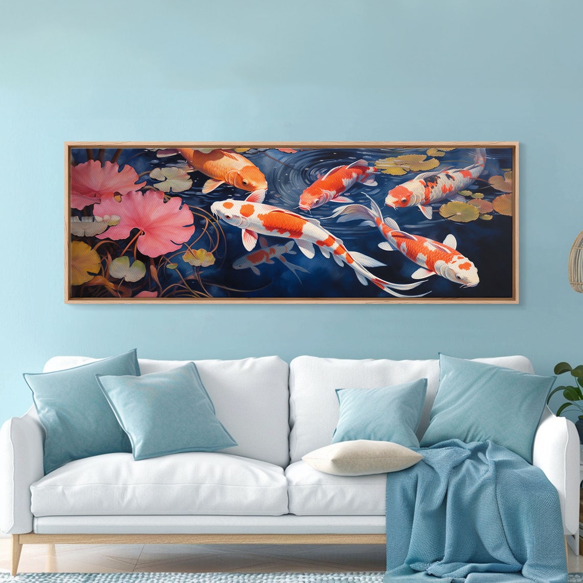 Koi Fish Pond Painting Orange Koi Lily Pads Panoramic Wall Art Poster - Image 4