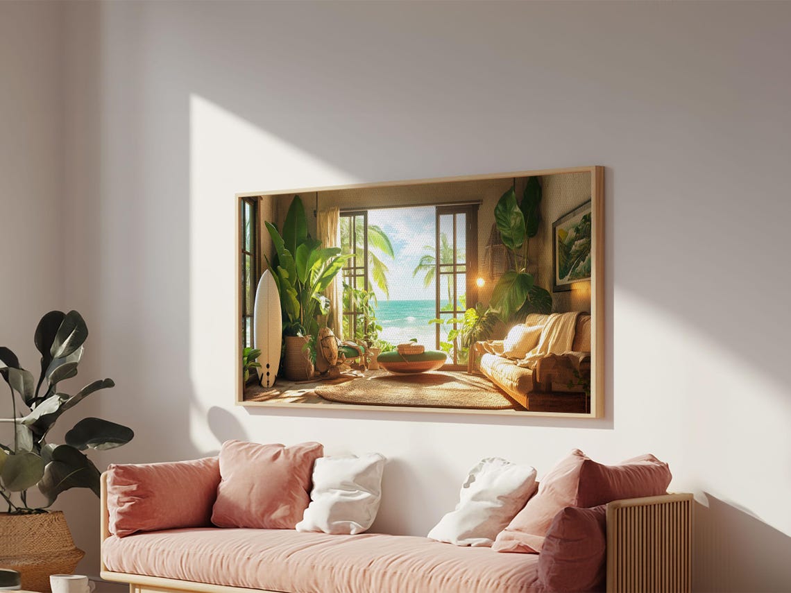 Sunny Surf Beach Interior Open Doors Ocean View Palm Plants Wall Art - Image 5