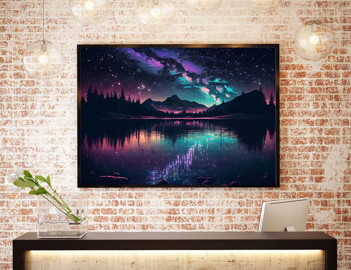 Lake Forest Mountains Stars Night Sky Art Print