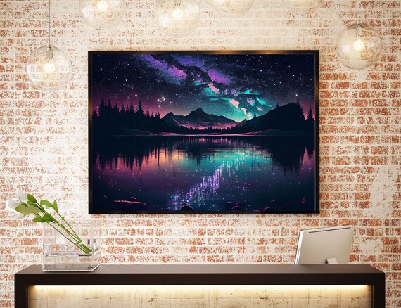Lake Forest Mountains Stars Night Sky Art Print