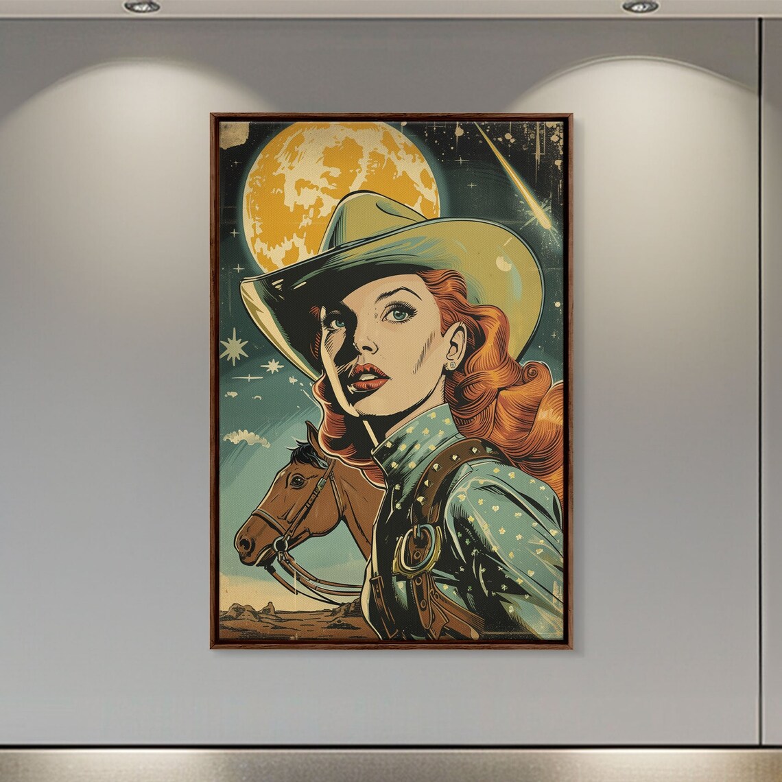 Vintage Cowgirl Pinup Full Moon Horse Retro Western Poster Print