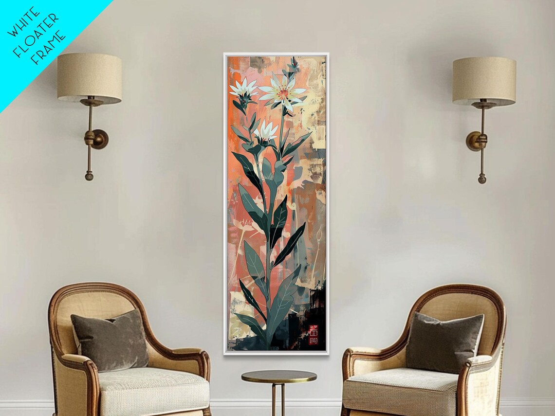 Tall White Wildflowers Coral Abstract Japanese Style Art Poster - Image 2