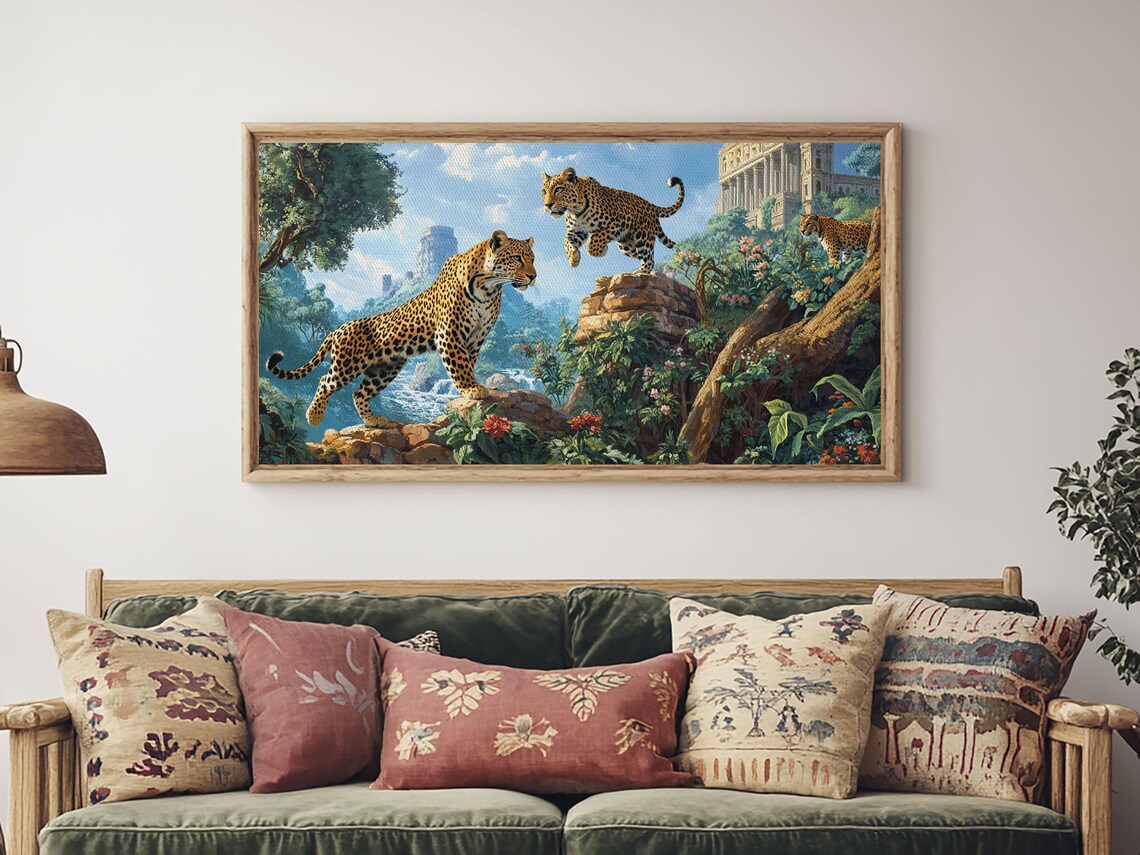 Leopards Jungle Ruins Flowers Painting Wild Big Cats Adventure Art Poster - Image 2
