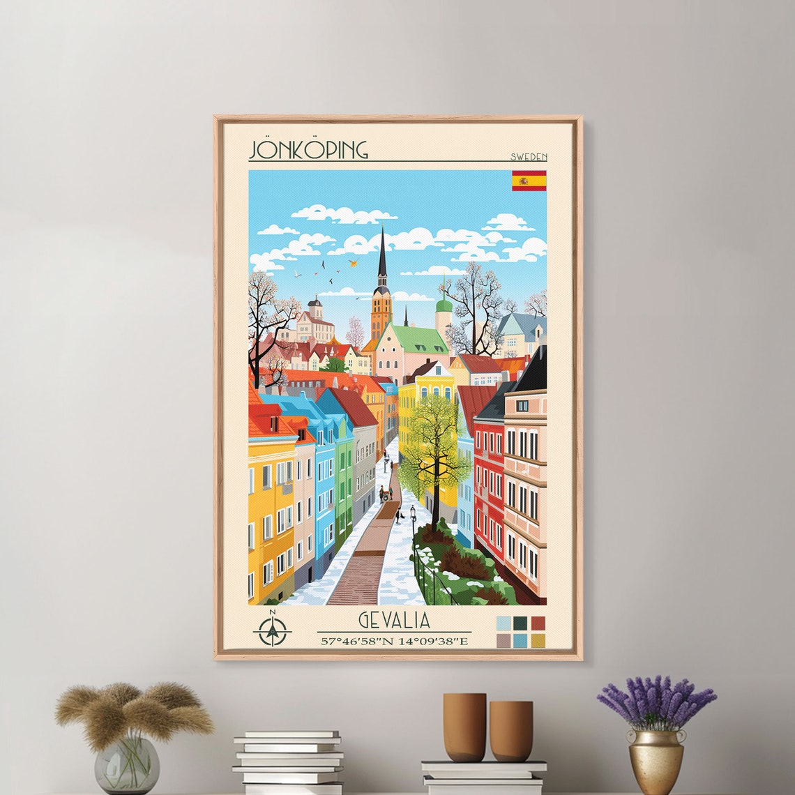 Jonkoping Sweden Snowy Winter Old Town Street Church Spire Poster