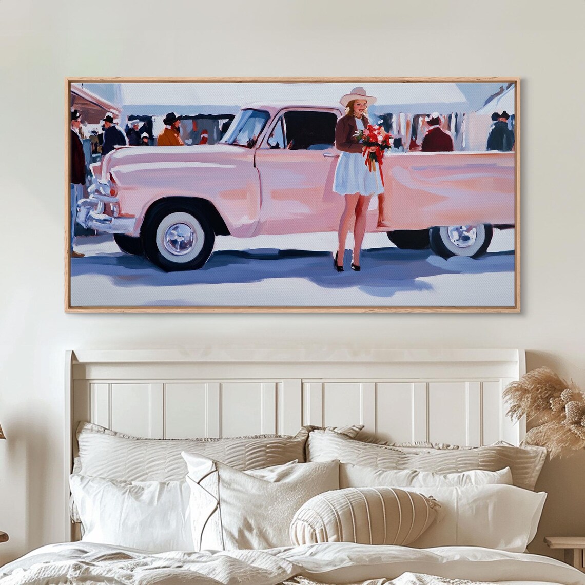 Cute Cowgirl Leaning On Pink Vintage Truck With Autumn Flowers Poster
