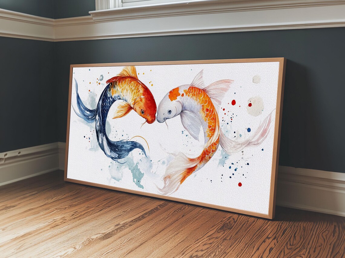 Koi Fish Couple Yin Yang Heart Curve Watercolor Splash Painting Print - Image 4