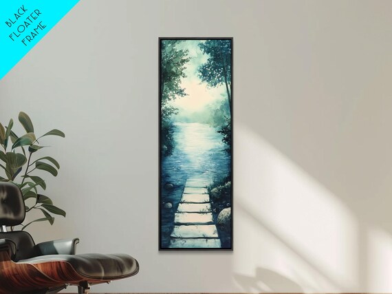 Serene Blue River Stepping Stones Misty Forest Path Art Poster