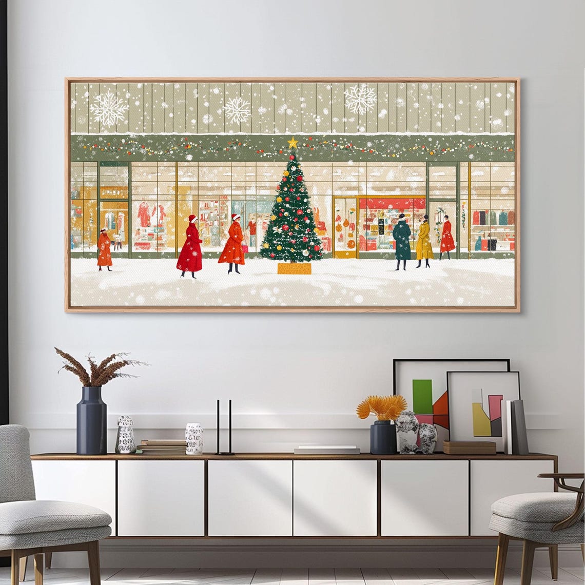Mid Century Christmas Tree Shopping Scene With Shoppers Art Print - Image 3