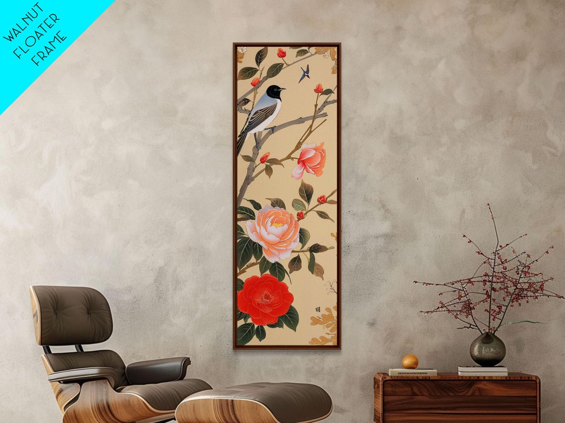 Songbird On Branch With Red Peony Blossoms Japanese Ukiyo E Art Poster