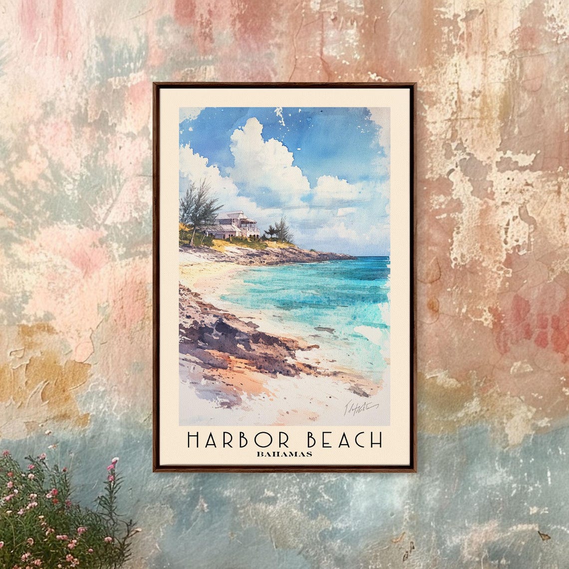 Harbor Beach Bahamas Cliffside House Turquoise Water Watercolor Poster - Image 4