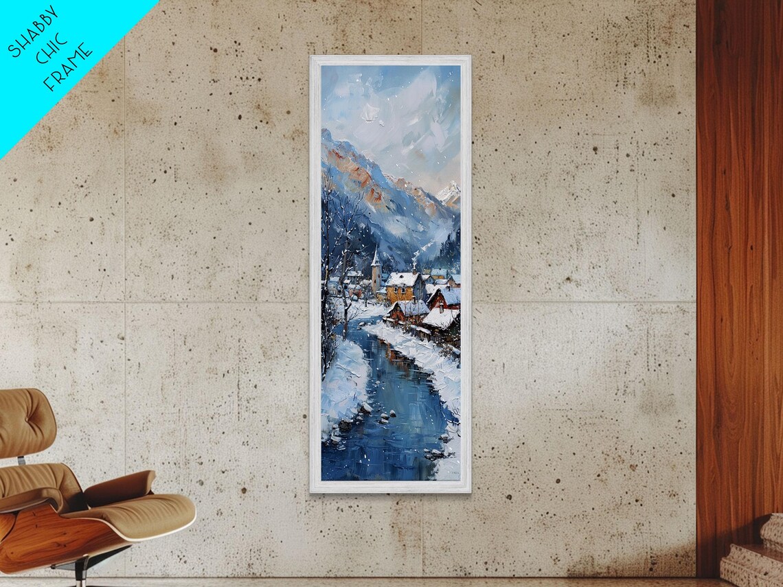 Snowy Winter Village By Frozen River Impasto Alpine Mountain Poster - Image 5