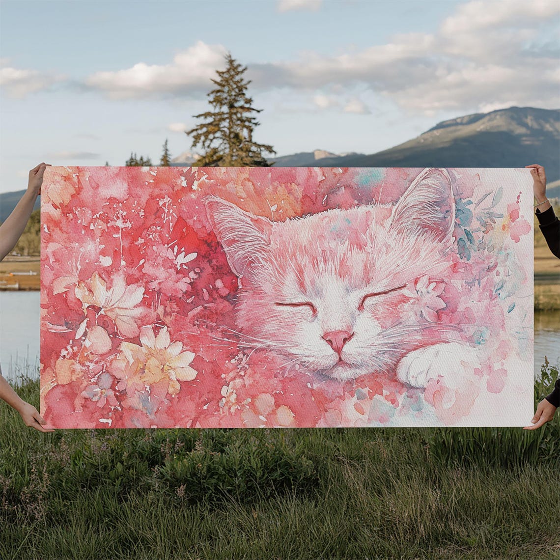Sleeping Pink Kitten Among Flowers Watercolor Cute Cat Art Poster - Image 3
