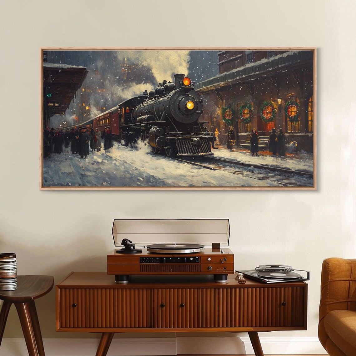 Steam Train Arriving At A Snowy Station On Christmas Eve Art Print - Image 5