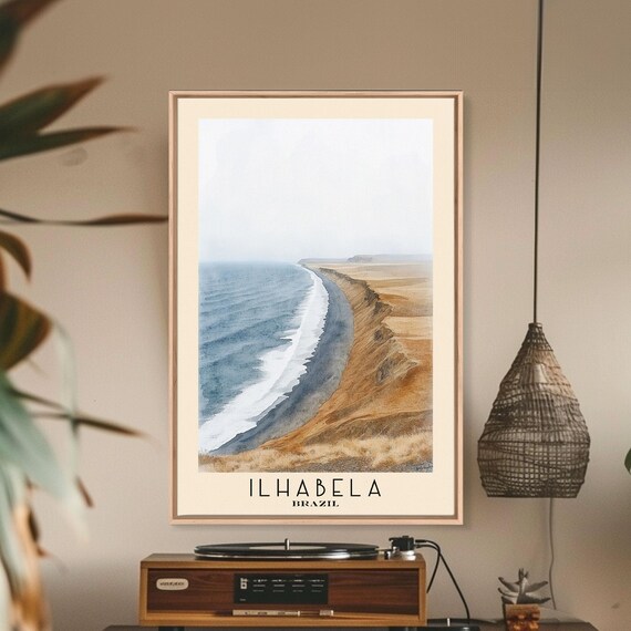 Ilhabela Brazil Long Curving Beach Misty Ochre Cliffs Watercolor Art Poster