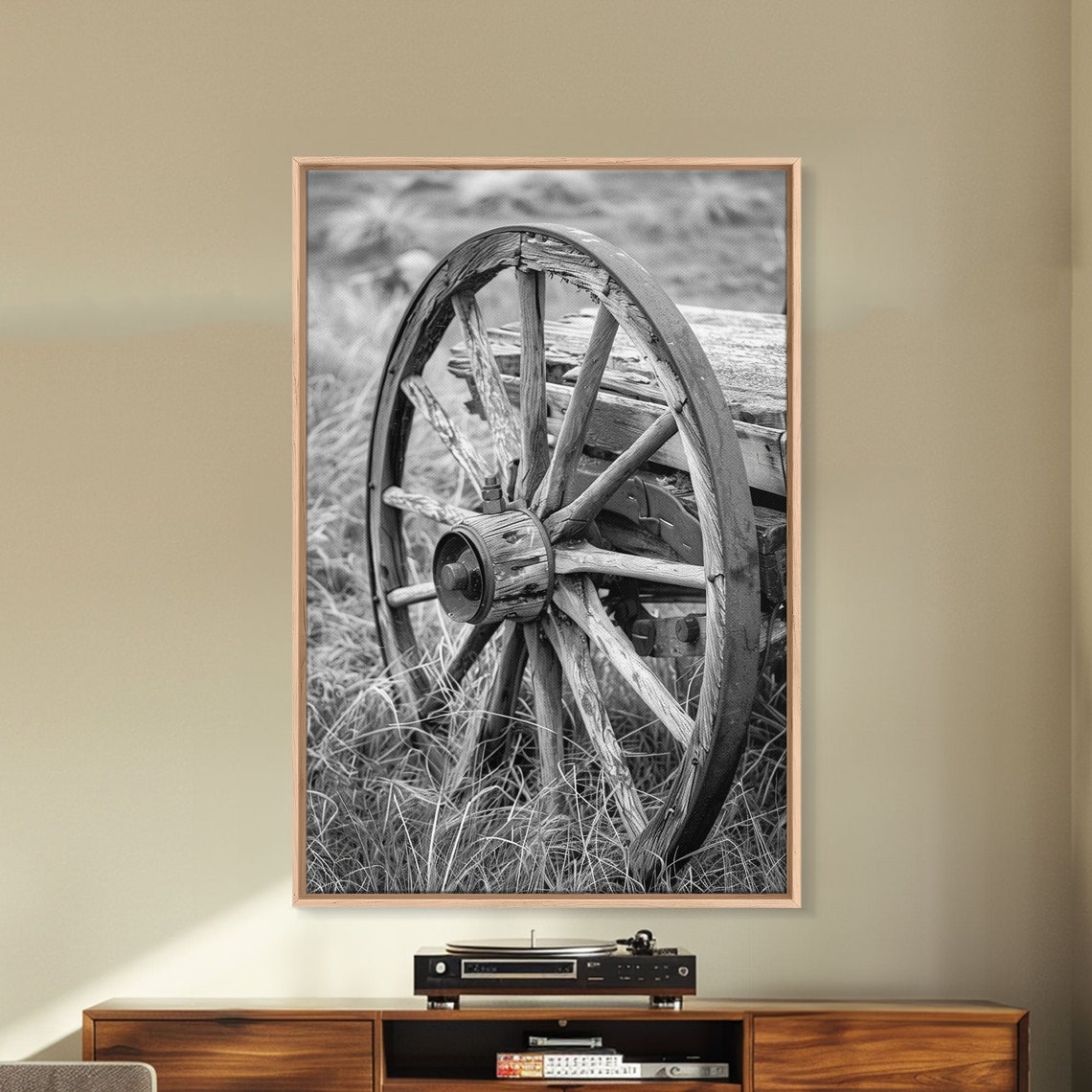 Weathered Wooden Wagon Wheel In Tall Grass Black And White Poster - Image 2