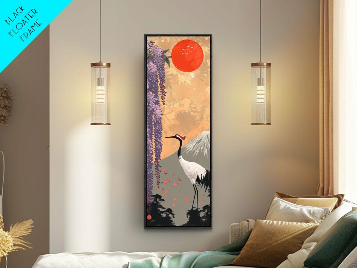 Japanese Crane Wisteria Red Sun Mount Fuji Tall Ukiyo E Art Poster - Image 6