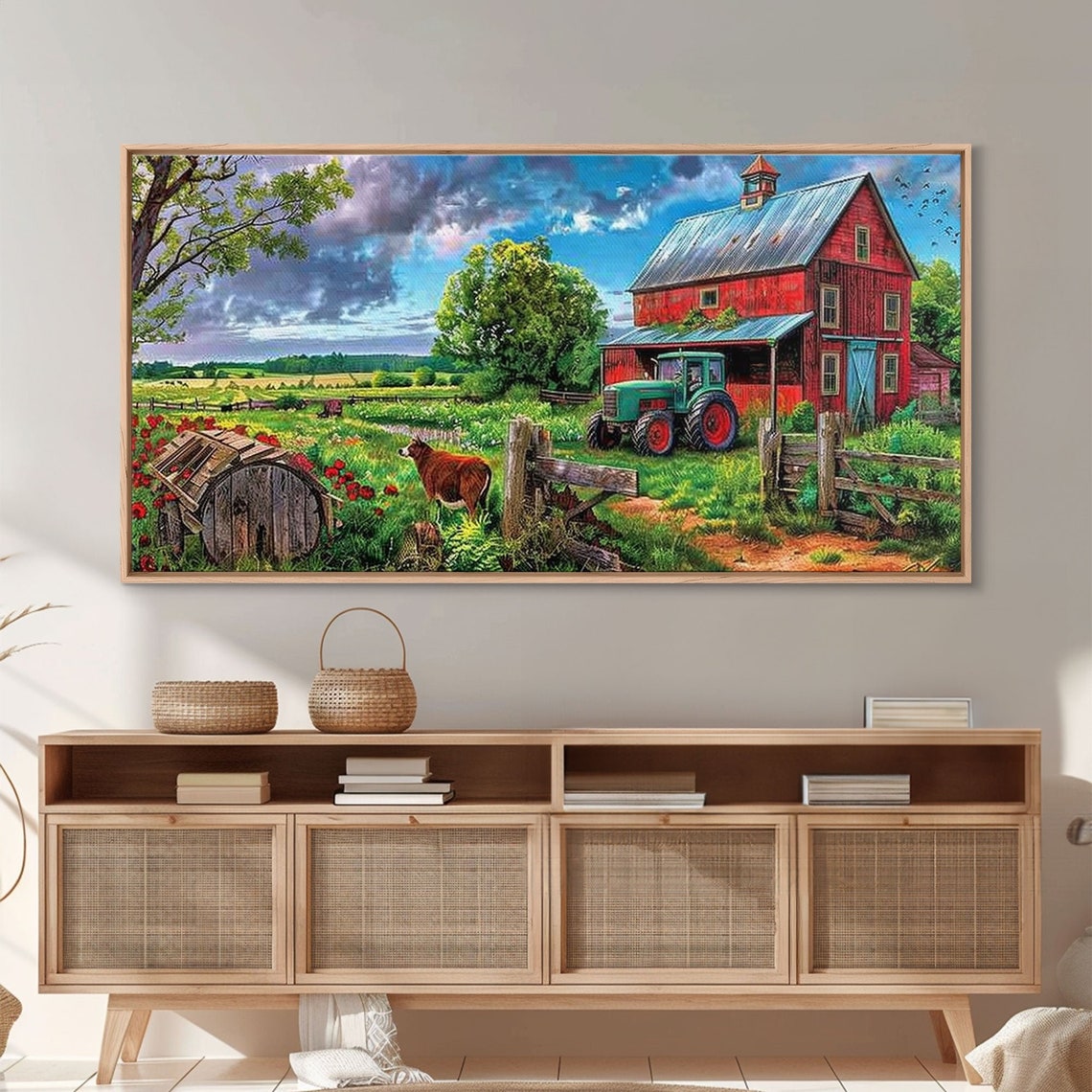 Red Barn Green Tractor Country Farm Scene Cows Pasture Art Poster - Image 4