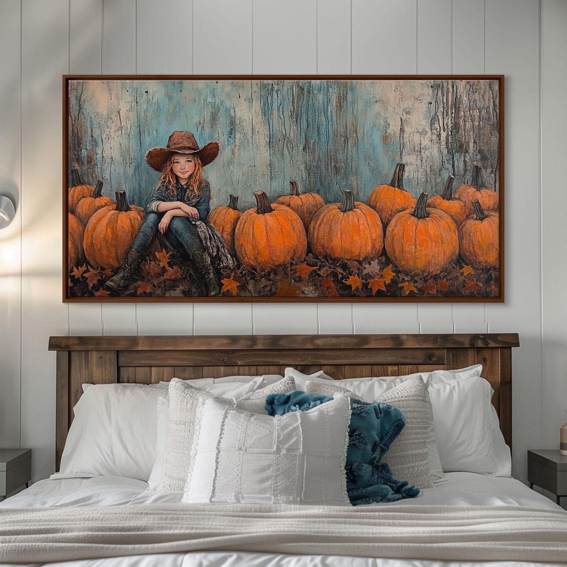 Young Cowgirl Sitting Among A Row Of Pumpkins Rustic Fall Art Print - Image 3