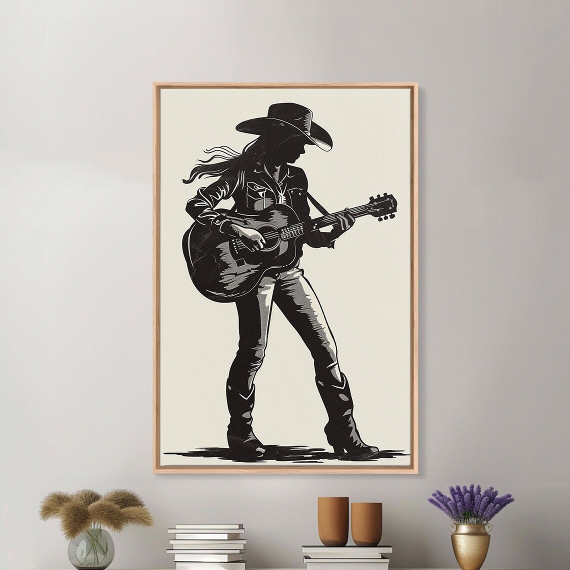Cowgirl Guitarist Silhouette Country Music Retro Western Art Print - Image 2