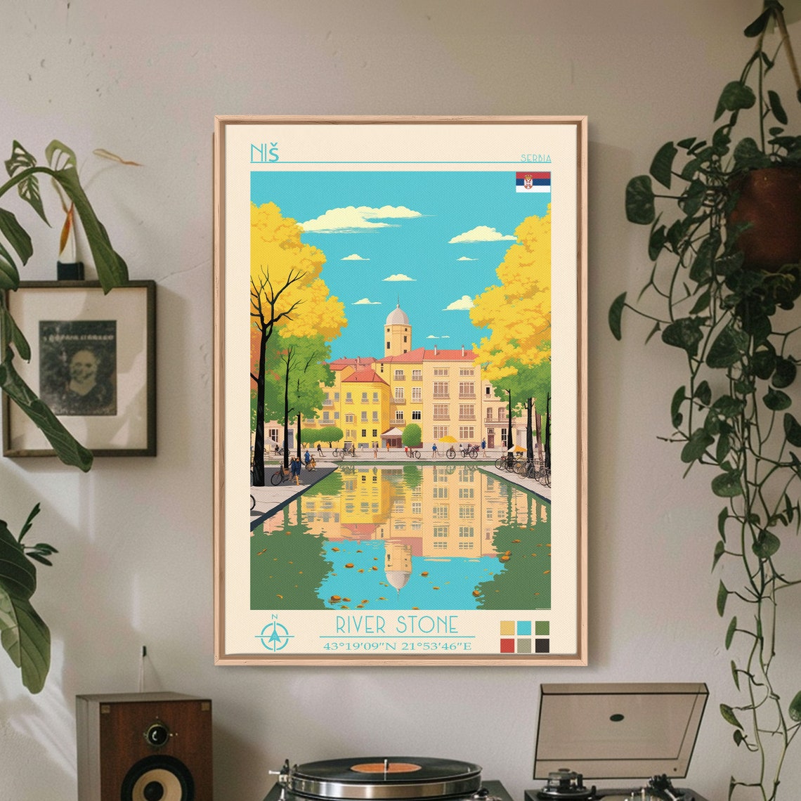 Nis Serbia Canal Reflection Golden Autumn Trees Old Town Travel Poster - Image 3
