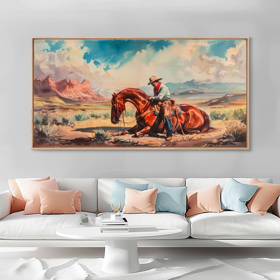 Cowboy Beside Resting Horse Desert Valley Western Painting Art Poster - Image 4