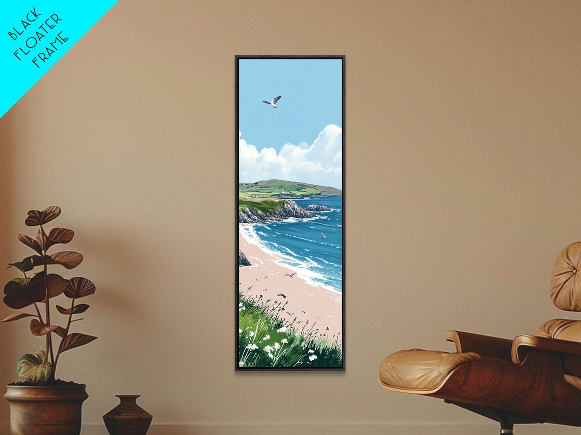 Sunny Beach Turquoise Ocean Green Cliffs Seagull Coastal Poster - Image 4