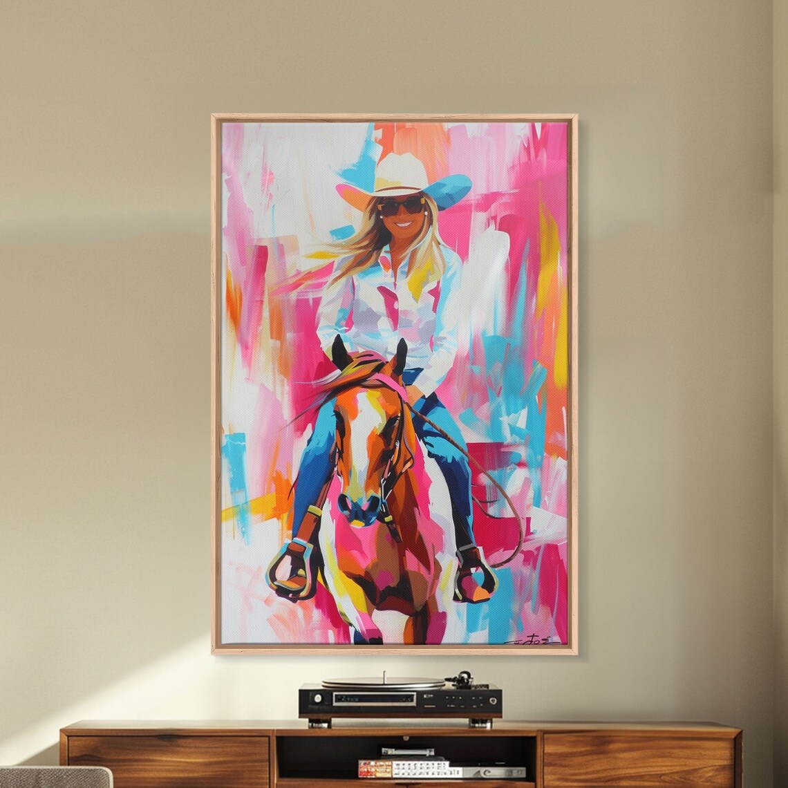 Smiling Cowgirl Riding Horse, Western Art Print