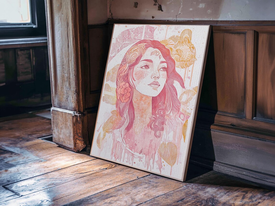 Pink Goddess Portrait Watercolor Floral Feminine Muse Wall Art Poster