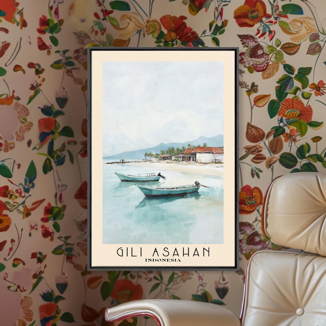 Gili Asahan Indonesia Fishing Boats Anchored Calm Water Beach Harbor Watercolor Poster - Image 2