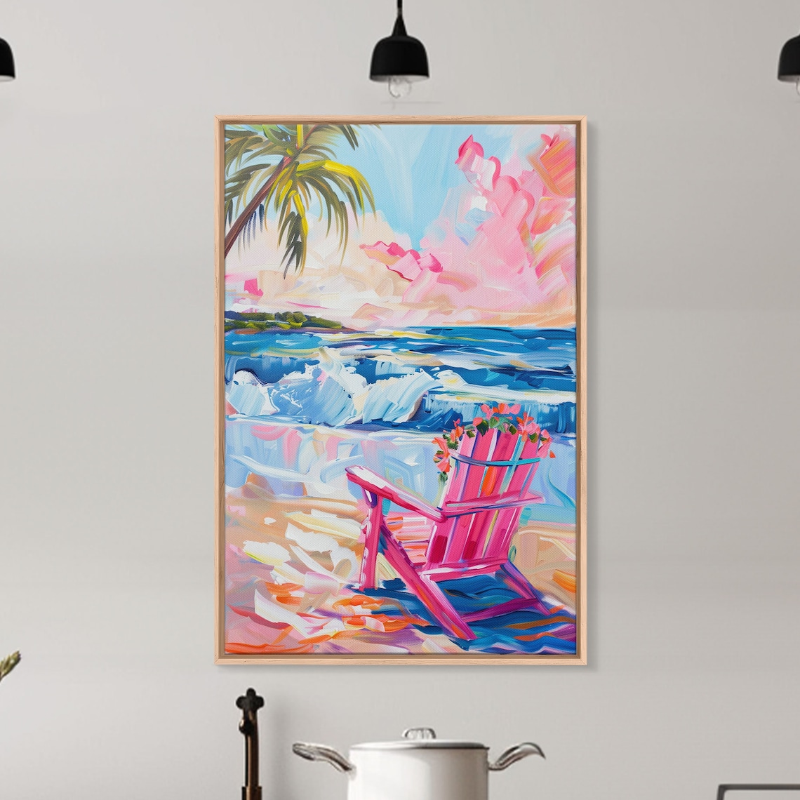 Vibrant Beach Scene With House and Palm Trees Art Print