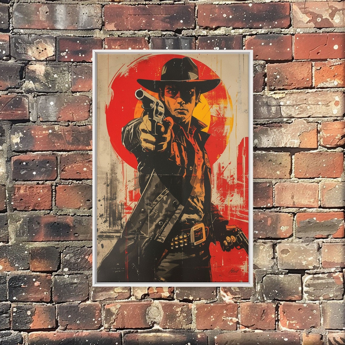Wild West Cowboy Pointing Revolver Poster with Bold Red Sun Design