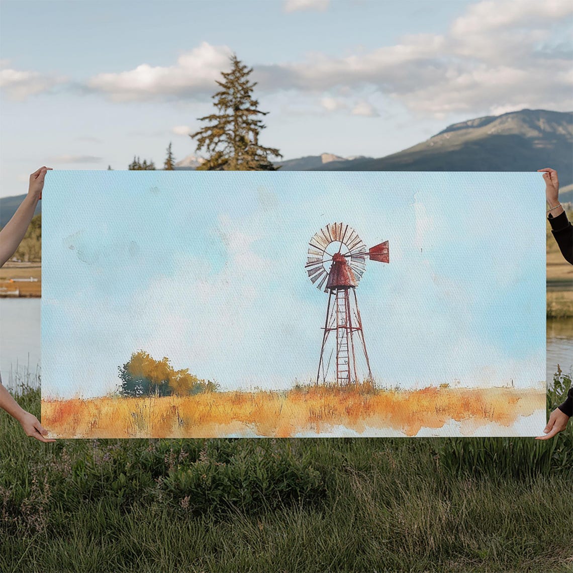 Rustic Windmill Framed Print Perfect Above Sofa Farmhouse Art Panoramic Artwork Wabi Sabi Inspired Bedroom Horizontal Wall Art - Image 4