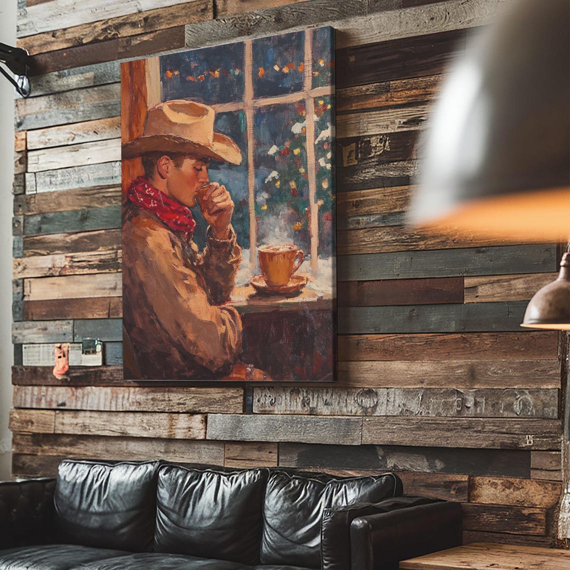 Cowboy Sipping Coffee By Night Window Steaming Mug Cozy Western Poster - Image 4