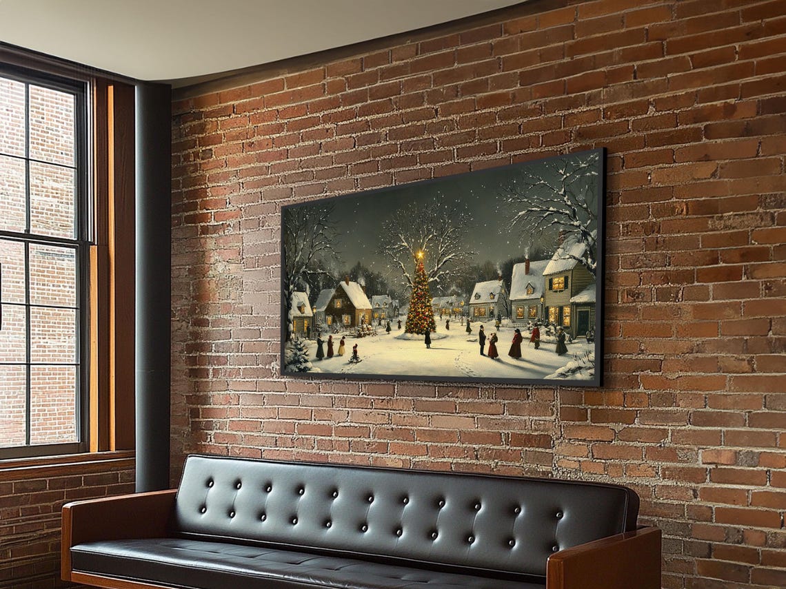 Snowy Christmas Village Square Night Gathering Lit Tree Art Print
