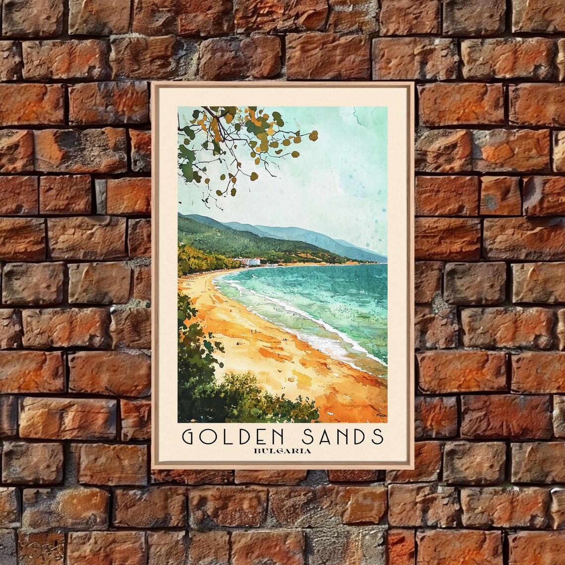 Golden Sands Bulgaria Sandy Bay Turquoise Sea Green Hills Beach Watercolor Poster - Image 5
