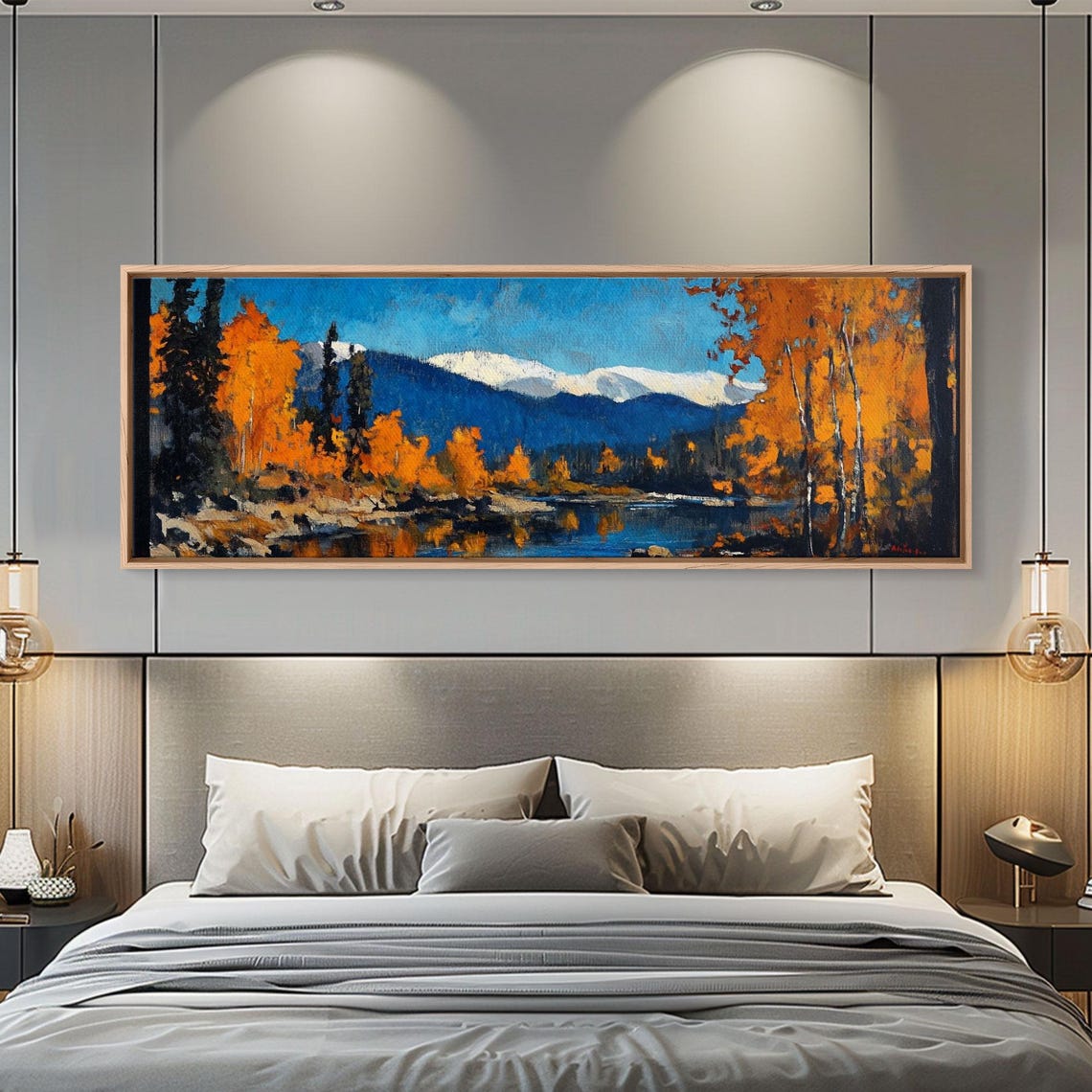 Autumn Aspen Grove Lake Blue Mountain Fall Painting Panoramic Art - Image 4