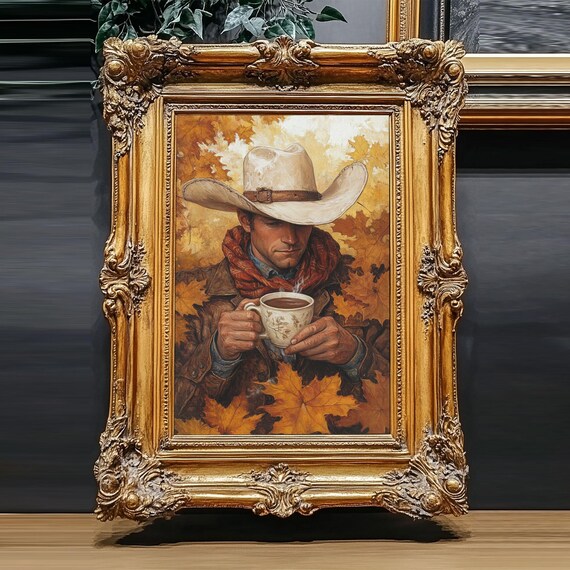 Cowboy Holding Hot Drink Framed Print Moody Winter Landscape Art Perfect 2024 Christmas Wall Decor