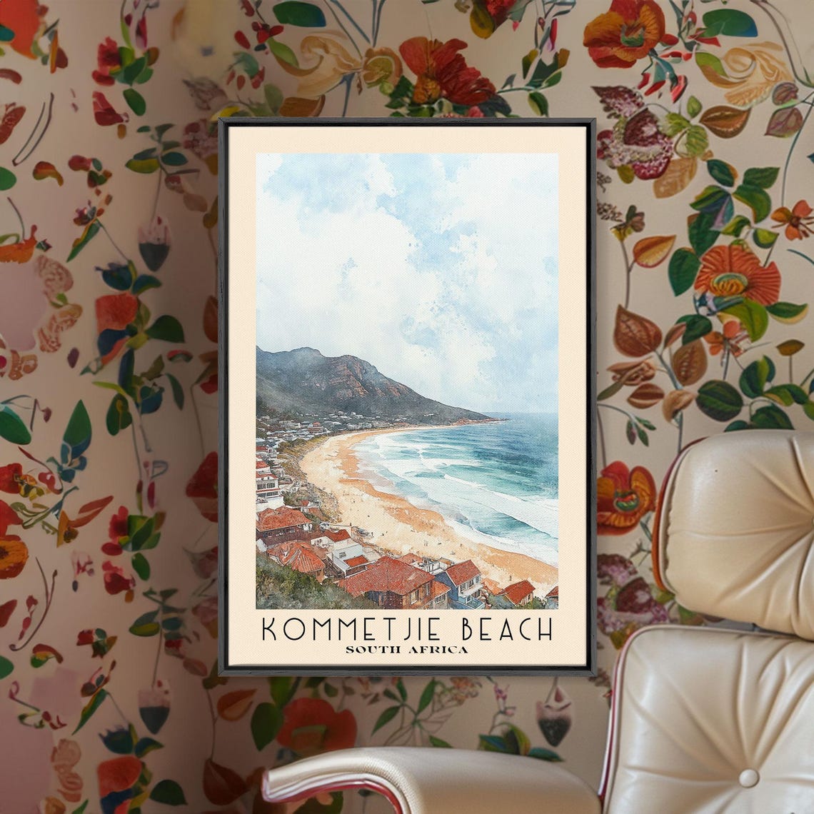 Kommetjie Beach South Africa Surf Town Mountain View Watercolor Poster - Image 2