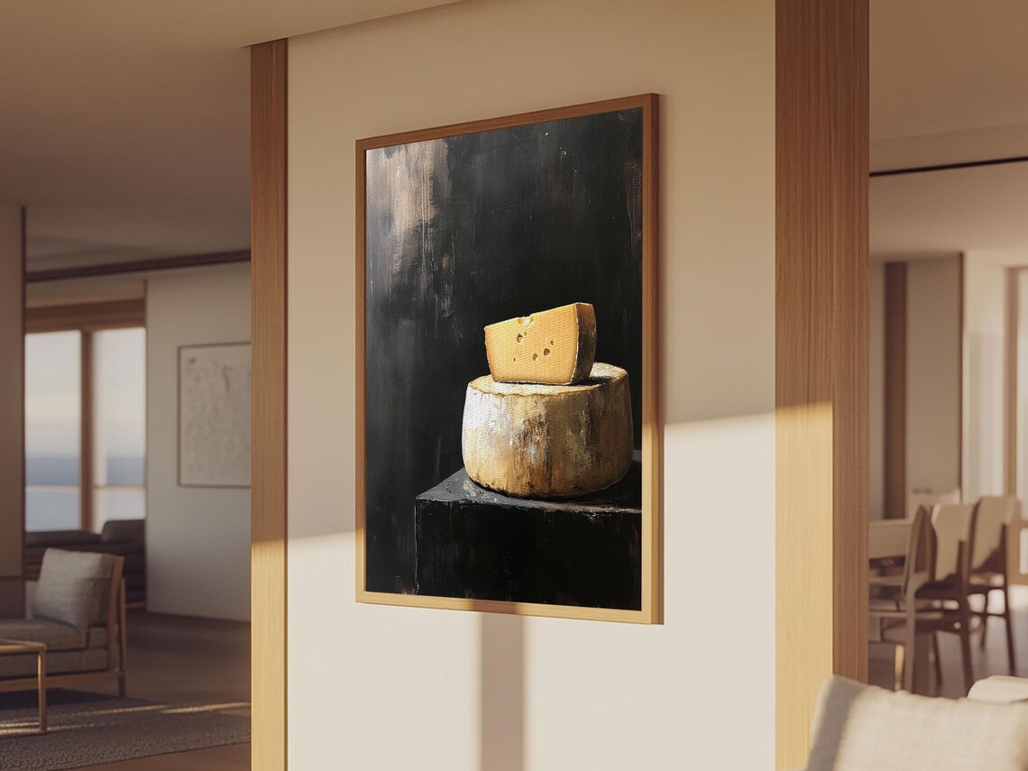 Cheese Wheel Still Life Oil Painting Dark Moody Kitchen Food Art Print