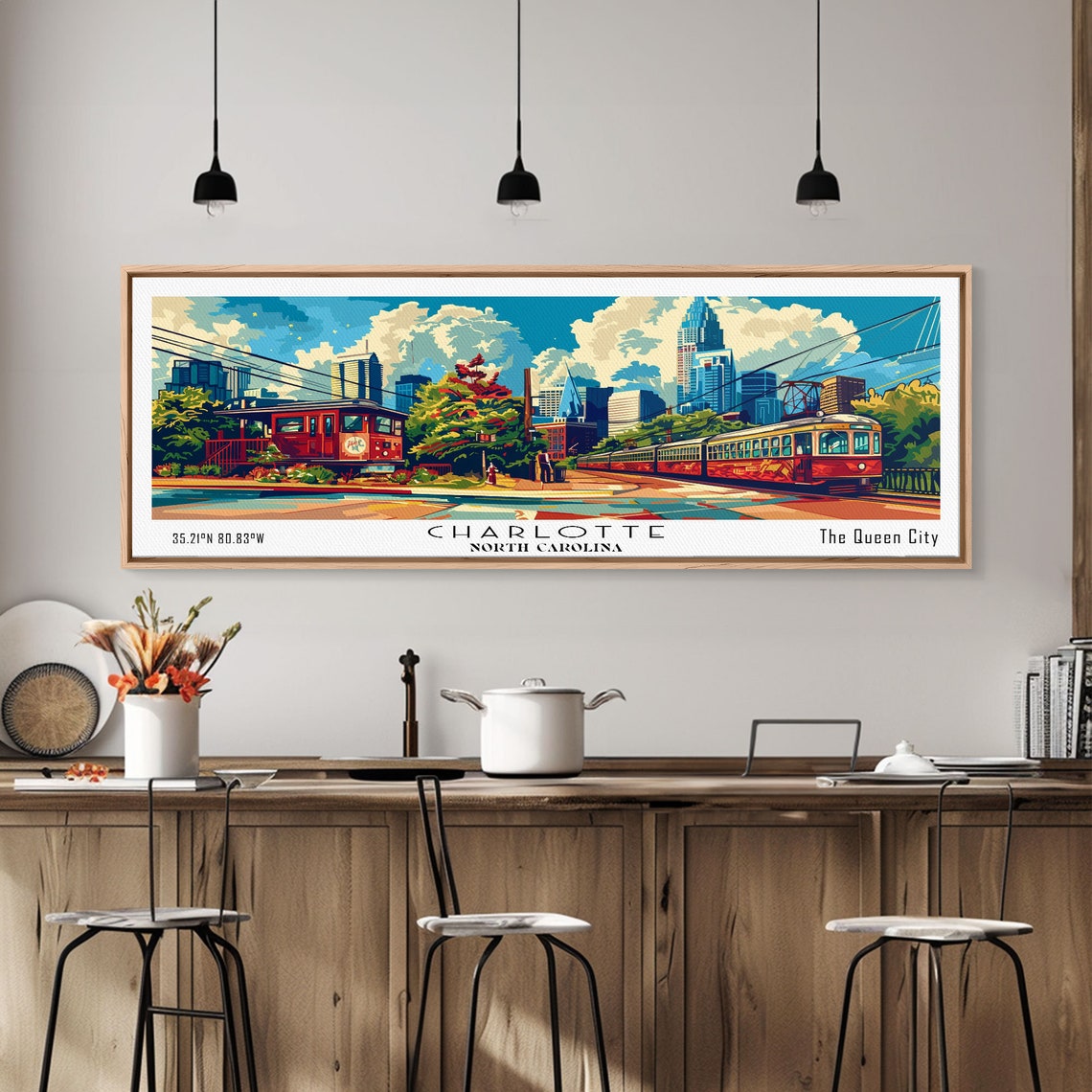 Charlotte North Carolina Panoramic Red Trolley Skyline Vintage Poster