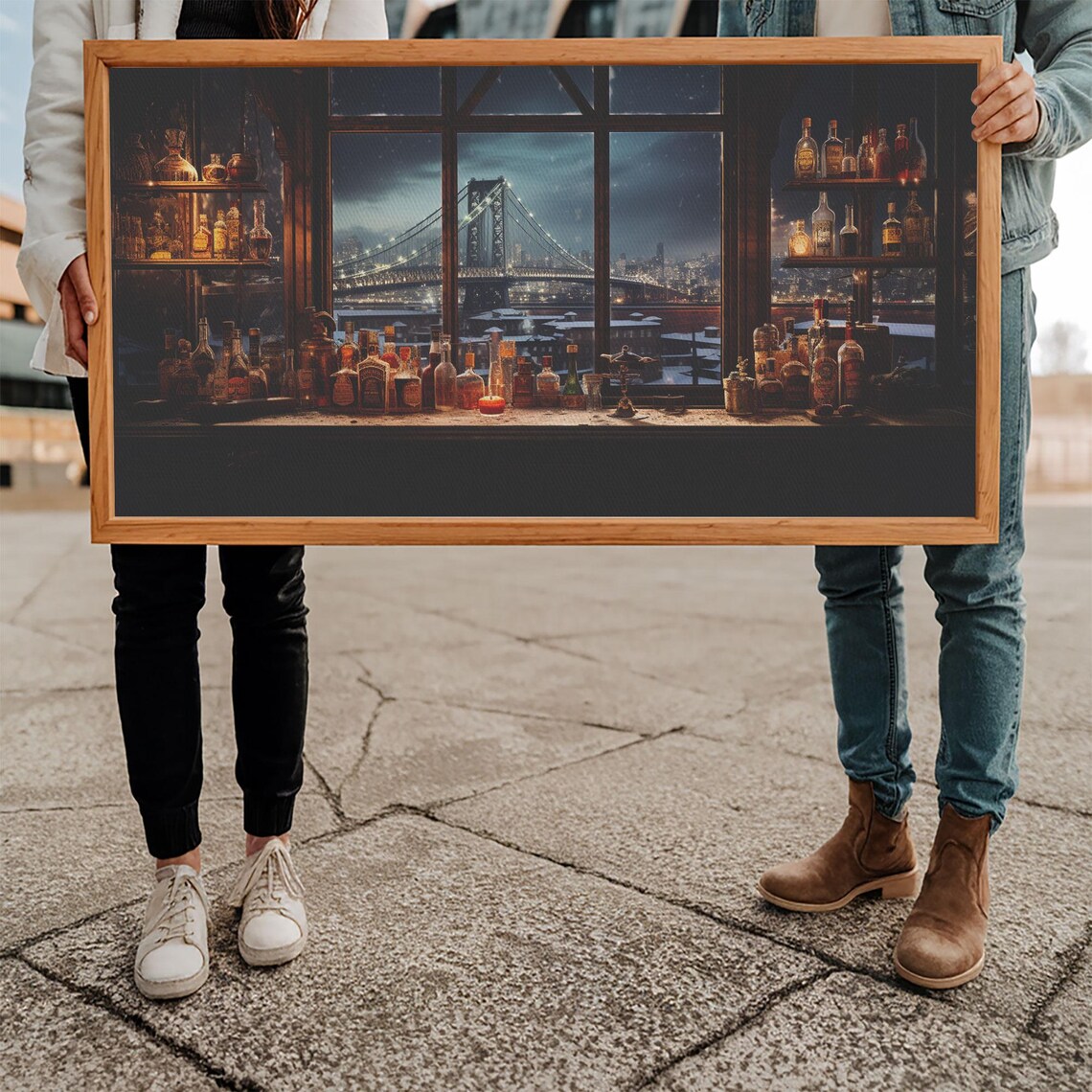 Vintage Night Bar Bottles Bridge City Lights Oil Painting Wall Art - Image 5