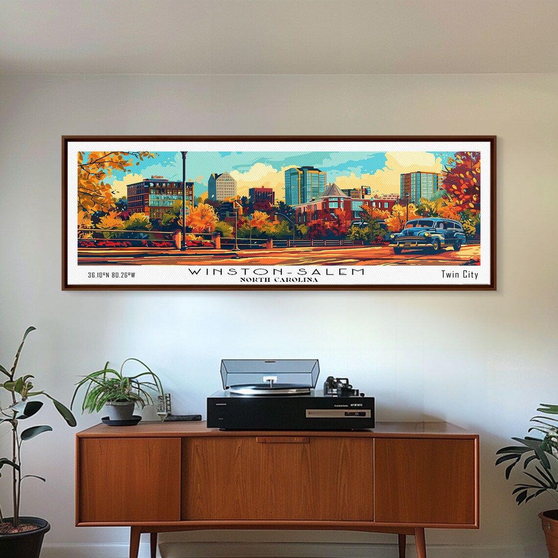 Winston-Salem North Carolina Skyline Vintage Car Autumn Travel Poster - Image 4
