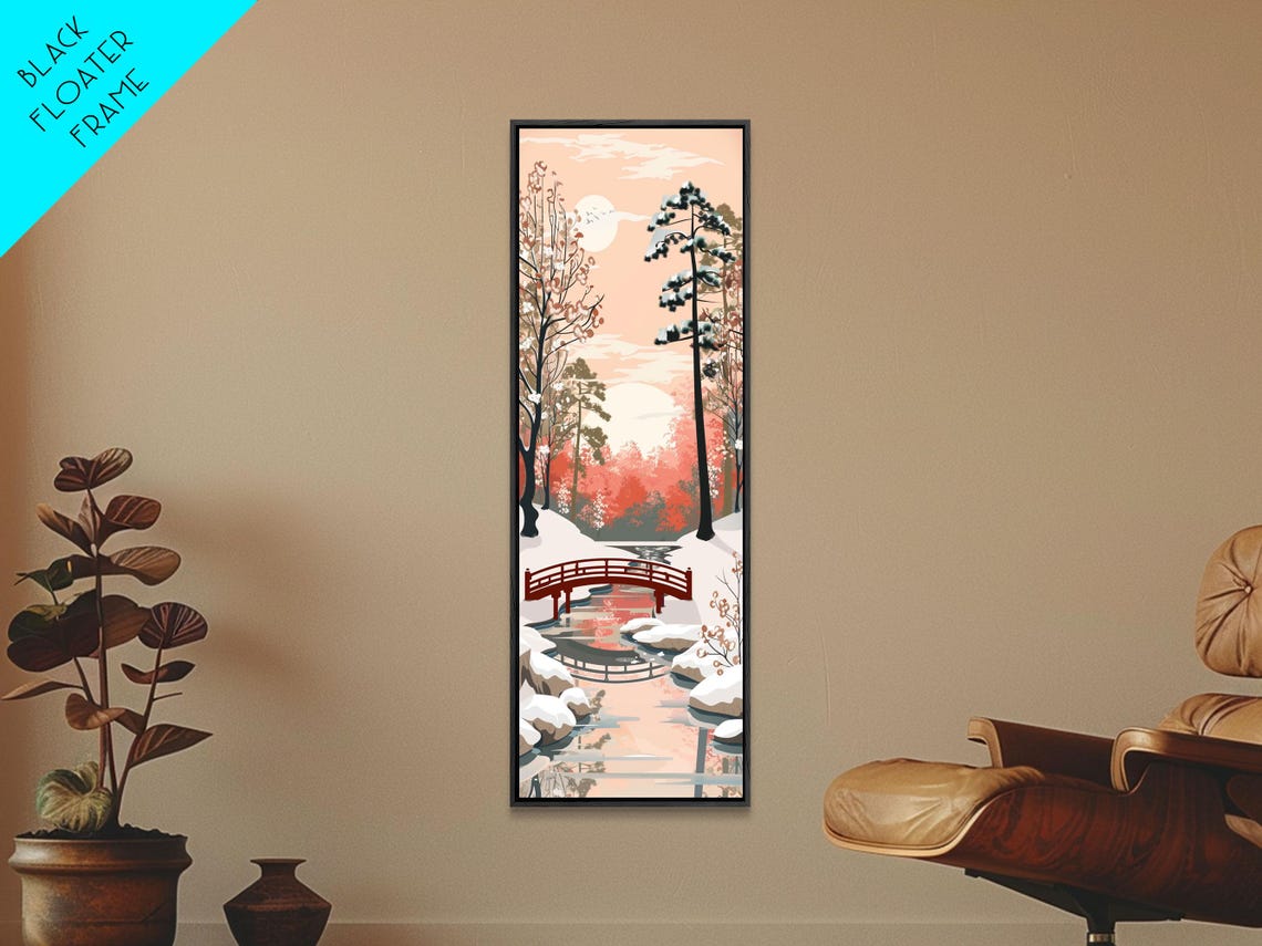 Japanese Winter Red Bridge Snow Pines Serene Landscape Art Poster