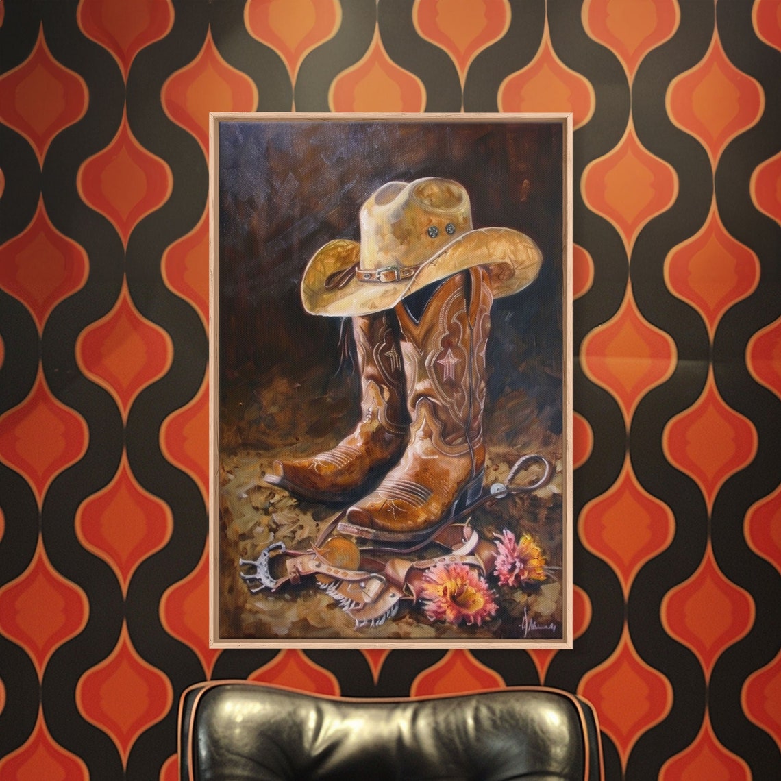 Classic Cowboy Hat And Boots Art Framed Print Rustic Bedroom Decor Cowboy Themed Wall Art For Home Western Artwork