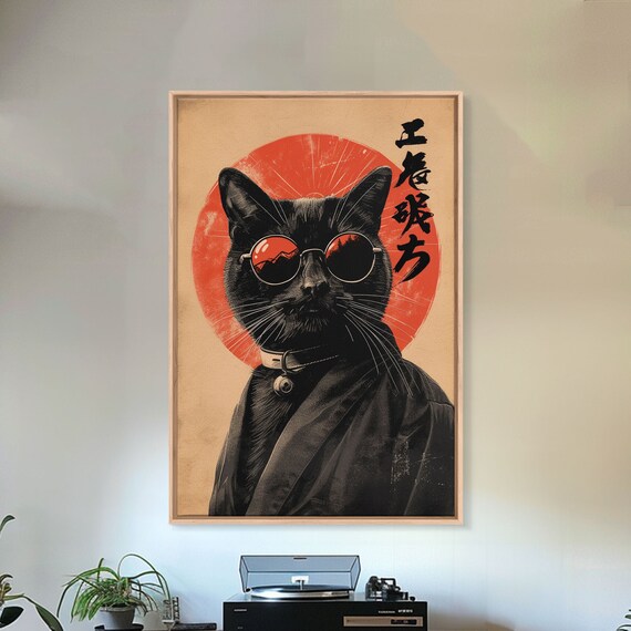 Black Cat Sunglasses Kimono Red Sun Japanese Style Humor Wall Art