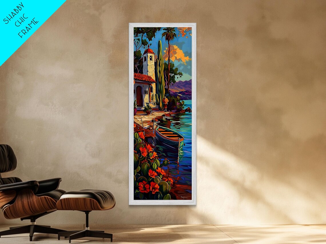 Mediterranean Village Chapel By The Water Impasto Coastal Scene Poster - Image 4