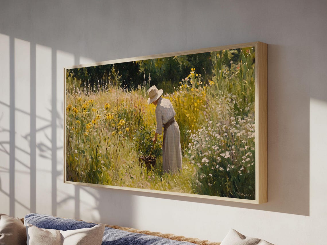 Victorian Oil Painting Print Of A Woman In The Garden Framed Print Ready To Hang Art Woman In Garden Painting Home Decor - Image 2