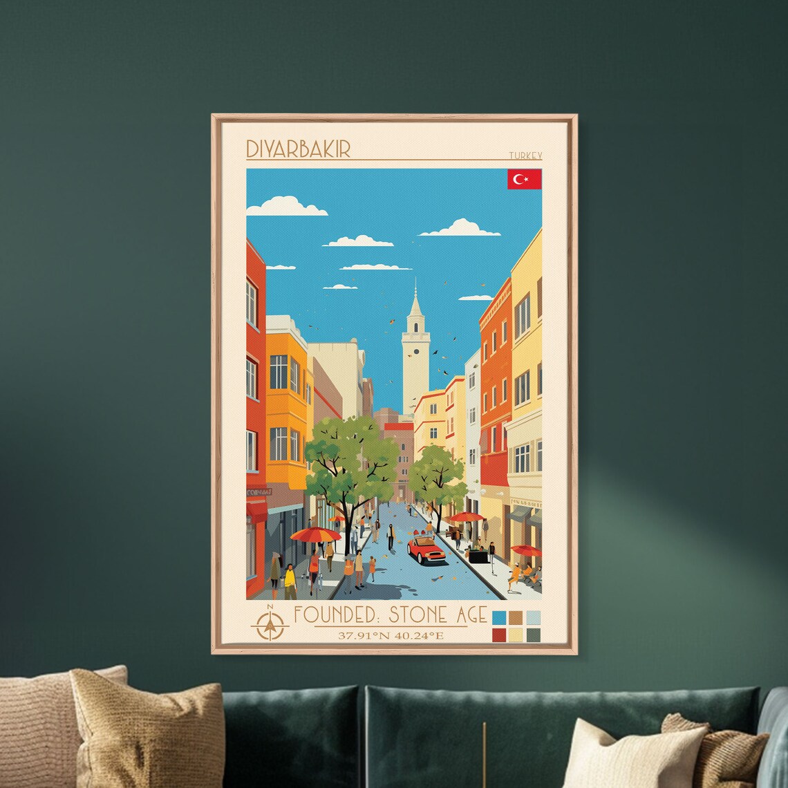 Diyarbakir Turkey Sunny Street Church Tower Cafe Umbrellas Poster - Image 3
