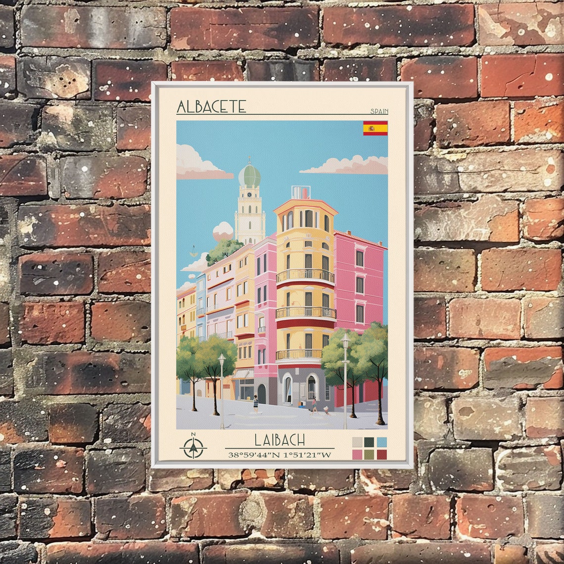 Albacete Spain Pastel Apartment Block Church Tower City View Poster - Image 3